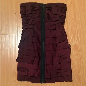 BCBG Maxazria Strapless Burgundy Ruffled Cocktail Dress